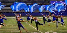 a group of people on a field with blue flags