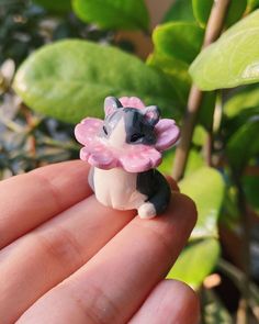 a tiny toy dog with a pink hat on its head is held in someone's hand