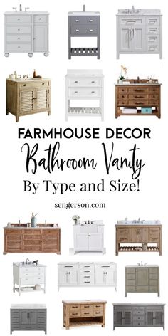 bathroom vanitys and sinks with text overlay that says farmhouse decor bathroom vanity by type and size