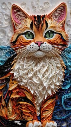 a painting of a cat with green eyes and white whiskers on it's face