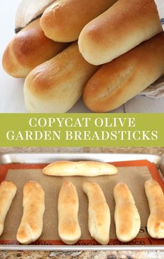 breadsticks sitting on top of a baking pan with the words copycat olive garden breadsticks