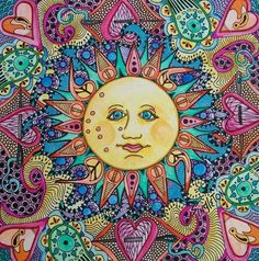 the sun is surrounded by many different colored shapes and colors, including paisley patterns on it