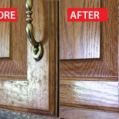 the before and after of an old cabinet door with woodgrains on it's sides