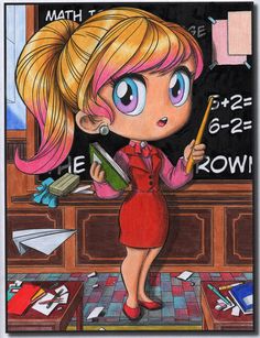 a drawing of a girl with pink hair and blue eyes in front of a blackboard