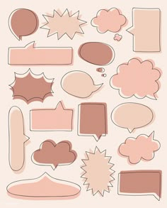 a bunch of different speech bubbles on a white background with pink and brown shapes in the middle