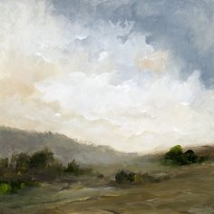 an oil painting of a hilly landscape with trees and hills in the distance under a cloudy sky