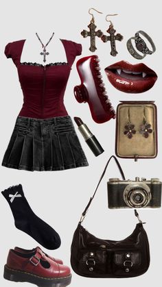 Vampire Aesthetic Clothes, Red Aesthetic Outfits, Red Goth Outfits, Types Of Clothes, Alt Outfits, Downtown Outfits, Outfit Red, Grunge Goth