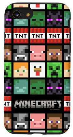 an iphone case with the words minecraft in different colors and sizes, all on black