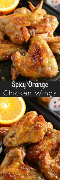 chicken wings with orange slices on the side and an image of how to cook them