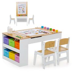 a child's desk and chair with an easel