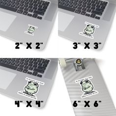 four different pictures of a laptop with stickers on it