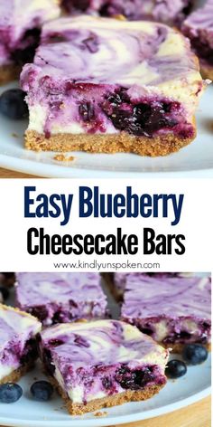 easy blueberry cheesecake bars on a white plate