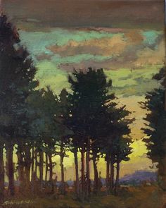 an oil painting of trees in the evening