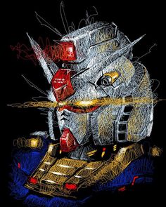 an artistic drawing of a robot with red lights on it's head and eyes