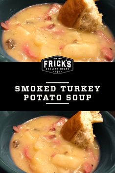 two bowls of smoked turkey potato soup with bread on top and the title reads, fried turkey potato soup