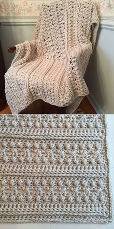 two pictures show the same chair and rug, one with a crochet pattern on it