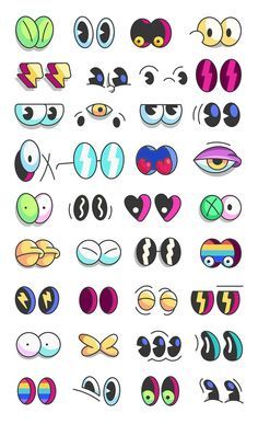 an assortment of cartoon eyes with different shapes and sizes, all drawn in various colors