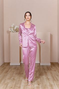 Model: Lindsey; Size: 4 Chic Satin Sets For Night Out, Elegant Satin Sets With Long Pants, Elegant Fitted Sets For Wedding Night, Elegant Fitted Set For Wedding Night, Elegant Fitted Wedding Night Set, Chic Evening Suits With Straight Pants, Formal Pink Satin Bottoms, Fitted Bridesmaid Sets, Chic Straight Pants Set For Night Out