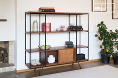 a living room with a book shelf and potted plant on the floor next to it