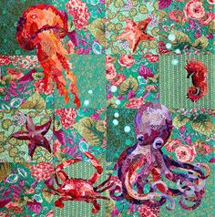 an octopus, starfish and seahorses are depicted in this colorful fabric design