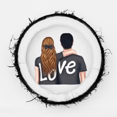 a man and woman are facing each other with the word love on their back in front of them