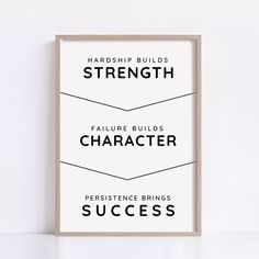 a framed poster with the words, strength and character