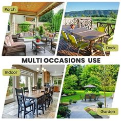 four pictures showing different types of outdoor furniture and landscaping items, including patio table with chairs