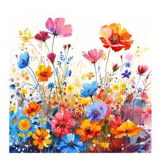 an abstract painting of colorful flowers on a white background