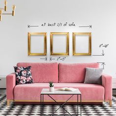 Image of a couch with measurements to show the correct way to hang pictures above a couch Decor Over Couch Living Room, Picture Over Couch, Wall Above Couch, Decor Over Couch, Pictures On Wall, Couch Wall Decor, Displaying Artwork