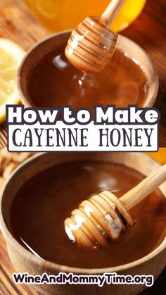 how to make cayenne honey in a wooden bowl with a honey dipper