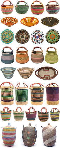 several baskets are shown with different patterns and colors on the bottom one is made out of straw