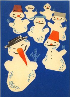 a group of snowmen standing next to each other on top of a blue background