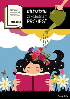 a girl reading a book with flowers on her head