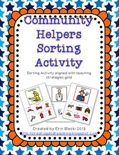 the community helpers sorting activity is shown in blue and orange with an orange border