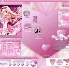 the pink desktop wallpaper has hearts and other items on it's display screen