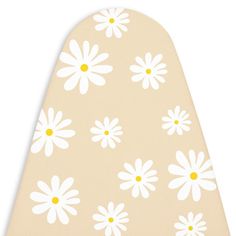 an oven mitt with white daisies on the front and yellow dots on the back