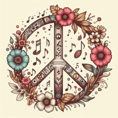 a peace sign with flowers and music notes