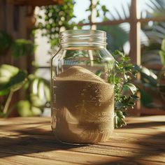 a jar filled with sand sitting on top of a wooden table