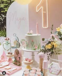 a table topped with lots of cakes and cupcakes