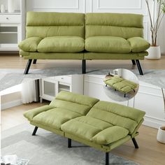 a green couch sitting on top of a wooden floor