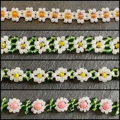 four different types of beaded flowers are shown in three separate rows, one is white and the other is green