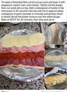 some food that is on top of tin foil and in different stages of cooking it