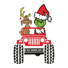 the grinch and his friend are riding in the red jeep with santa's hat on