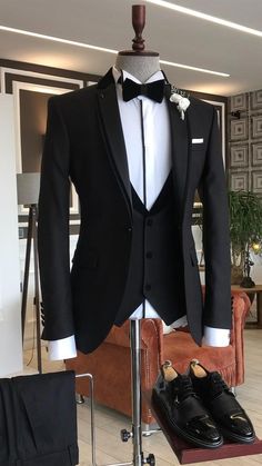 Collection: Autumn – Winter 2021/22  Product: Slim-Fit 3 Piece Suit  Color Code: Black  Size: EU46/US36 S | EU48/US38 S | EU50/US40 S | EU52/US42 S | EU54/US44 S | EU56/US46 S | EU58/US48 S  Suit Material: 70% polyester, 30% Viscose  Drop: 6  Cutting: Italian  Button: One Button  Vents: Double Vent  Machine Washable: No  Fitting: Slim-fit  Package Include: Jacket, Vest, Pants and Bow Tie Lapel Wedding, Groom Tuxedo Wedding, Men's Business Suits, Suits Men Business, Wedding Suits Groom, Black Shawl, Dress Suits For Men, Suit Material, Prom Suits