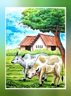 two cows are grazing in the grass near a tree and a small white house with a red roof