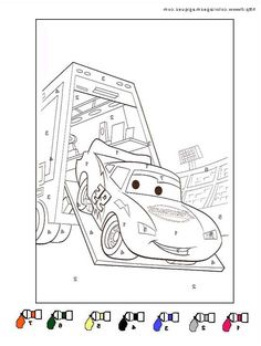 the cars coloring page is shown with numbers and colors for each car, including an image of