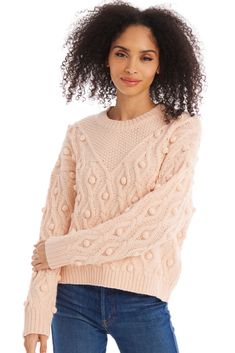 Introducing the Esme Sweater for Fall. Holding onto the romantic essence of the brand in a soft blush tone; this sweater is designed with hand-sewn pom poms throughout the swirling cable knit pattern. Featuring a ribbed scoop neckline and looser fit throughout the body. Romantic Essence, Bra Alternatives, Cable Knit Pattern, Knit Outerwear, Blush Tones, Wedding Attire Guest, Scarf Sale, Crop Top Sweater, Knit Pattern