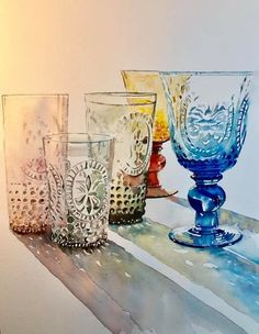 a painting of four glasses on a shelf