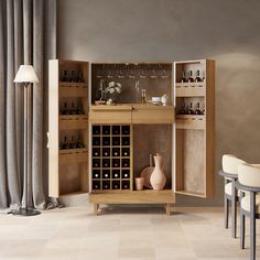 a wine rack with bottles and glasses on it