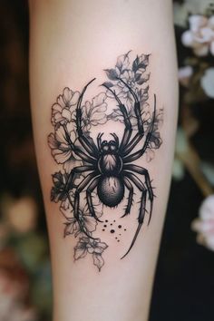 a black and white spider tattoo on the right thigh, with flowers around it's legs